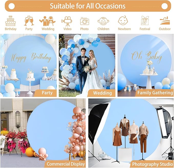 2 Pcs 7.2 FT Baby Blue Round Backdrop Cover for 5 to 7.2ft Circle Arch Stand with Oh Baby and Happy Birthday Decal Sign - Arch Backdrop Cover for Wedding Party Photography Decoration