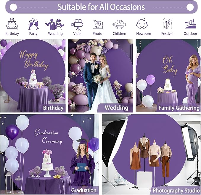 Gallety 2 Pcs 7.2 FT Purple Round Backdrop Cover for 5 to 7.2ft Circle Arch Stand with Oh Baby and Happy Birthday Decal Sign - Arch Backdrop Cover for Wedding Party Photography Decoration