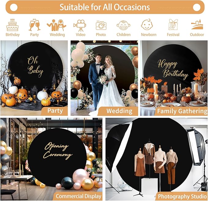 Gallety 2 Pcs 7.2 FT Black Round Backdrop Cover for 5 to 7.2ft Circle Arch Stand with Oh Baby and Happy Birthday Decal Sign - Arch Backdrop Cover for Wedding Party Photography Decoration