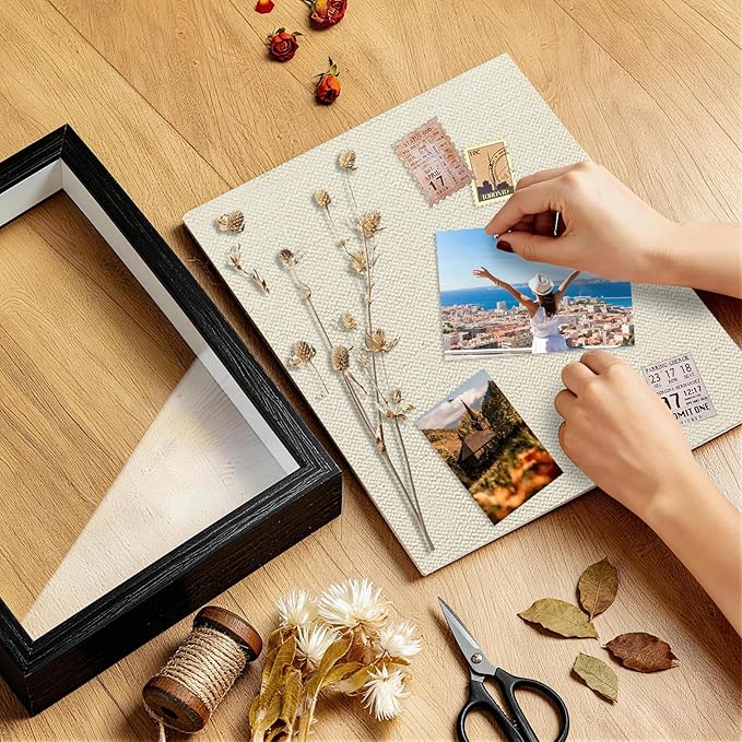 11x14 Shadow Box Frame, 1.2in Deep Keepsake Display Case, Linen Foam Back + 6 Push Pins, Thick Acrylic Front / Protective Film, Wall/Tabletop, for Flowers Tickets Medals Pet Memorial, Black