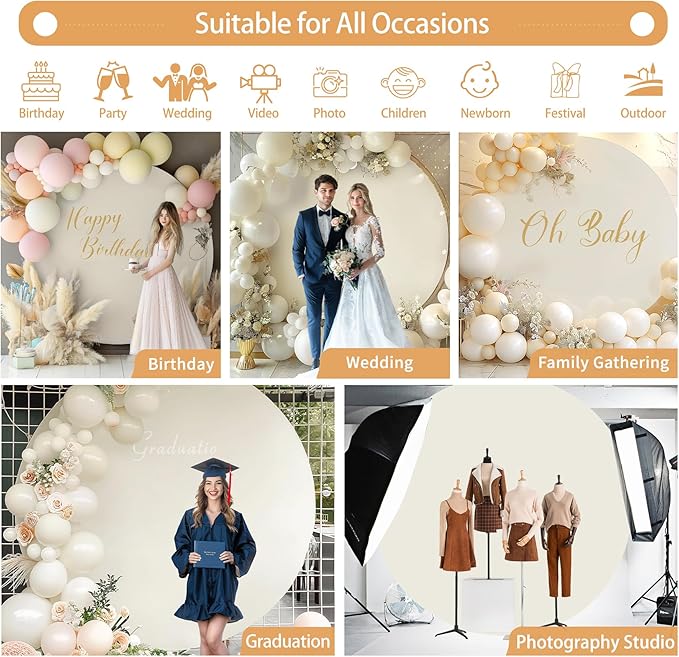Gallety 2 Pcs 7.2 FT Ivory Round Backdrop Cover for 5 to 7.2ft Circle Arch Stand with Oh Baby and Happy Birthday Decal Sign - Arch Backdrop Cover for Wedding Party Photography Decoration