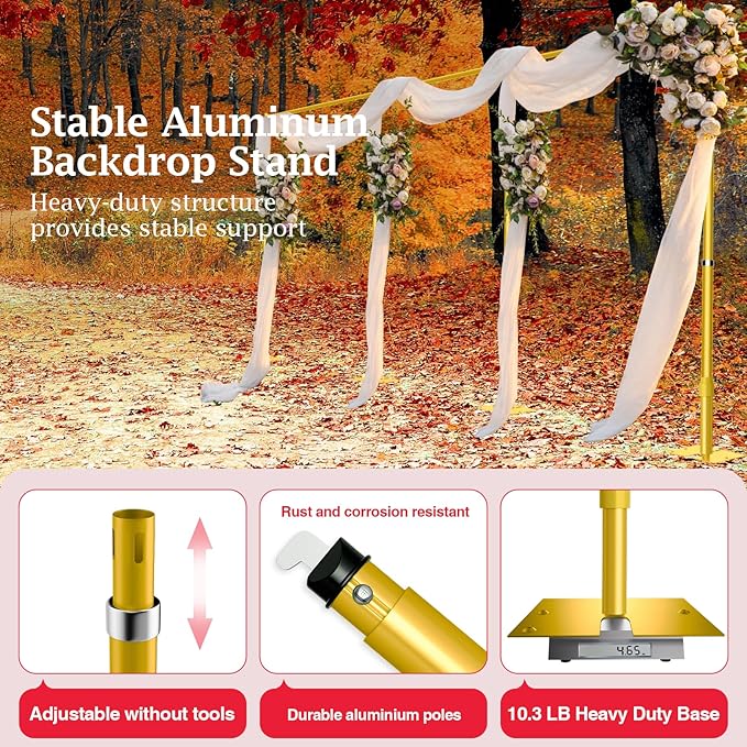 EMART Backdrop Stand Heavy Duty 10ftx30ft, Adjustable Pipe and Drape Photo Background Support Kit, Metal Frame with Flat Base for Wedding Birthday Party Banquet Decorations-Gold
